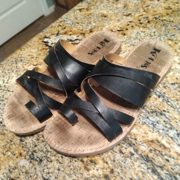 Korks Clemmons Strappy Slides Sandals Black Leather Cork Footbed Women's 8.5M - Picture 1 of 12